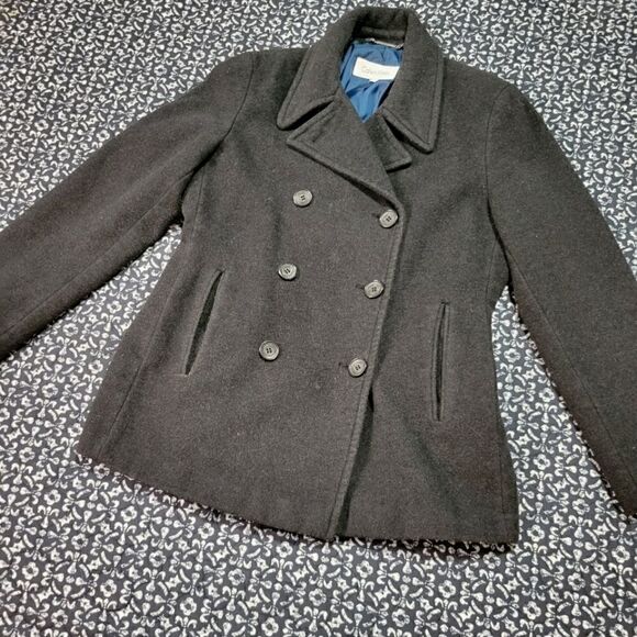 Calvin Klein Black 8P Wool Dressy Business Casual Lined Pea Coat Jacket - Picture 2 of 7